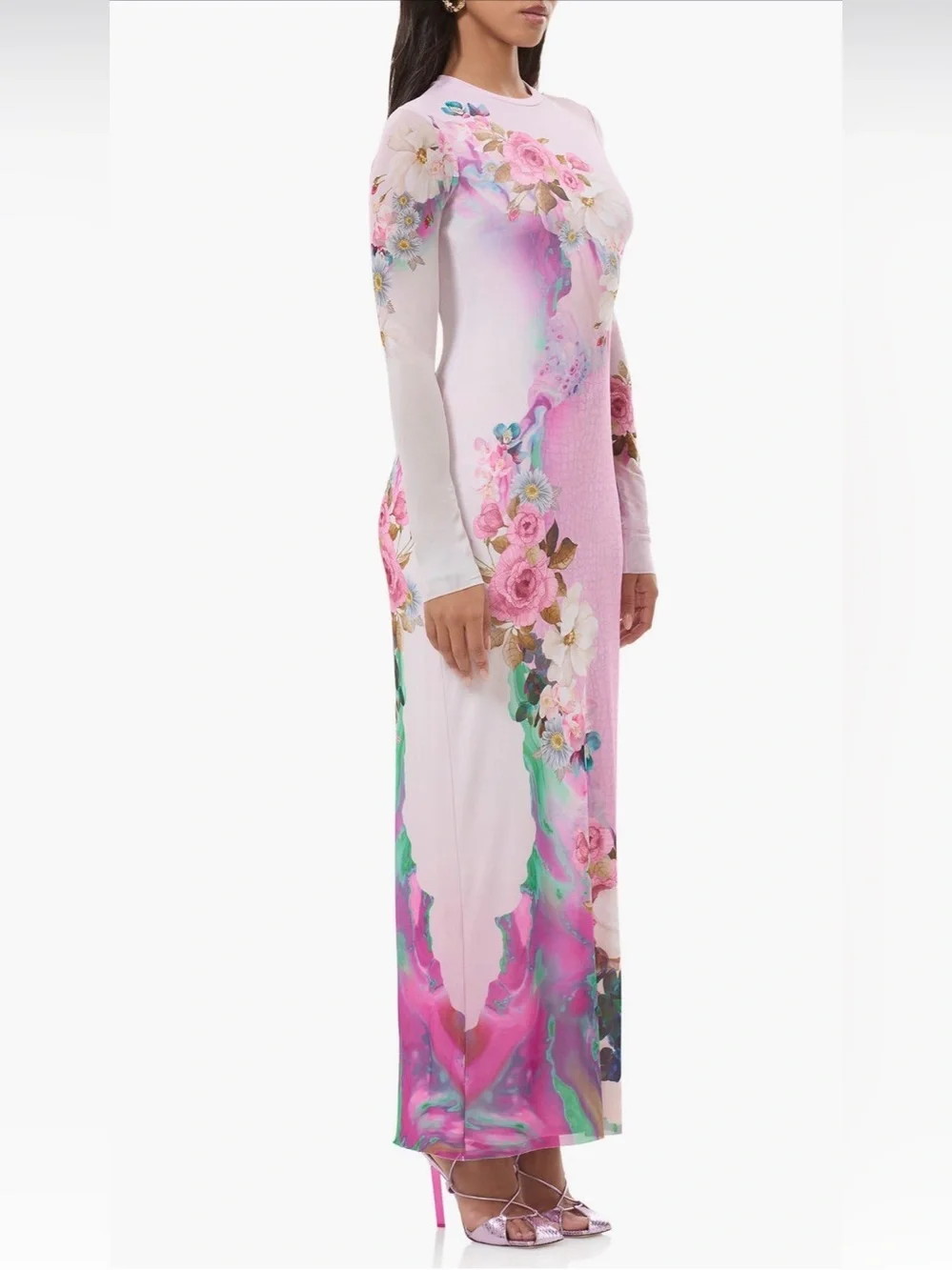 Afrm $88 Didi Mesh Long Sleeve Pink Floral Print Maxi Dress - Picture 3 of 4